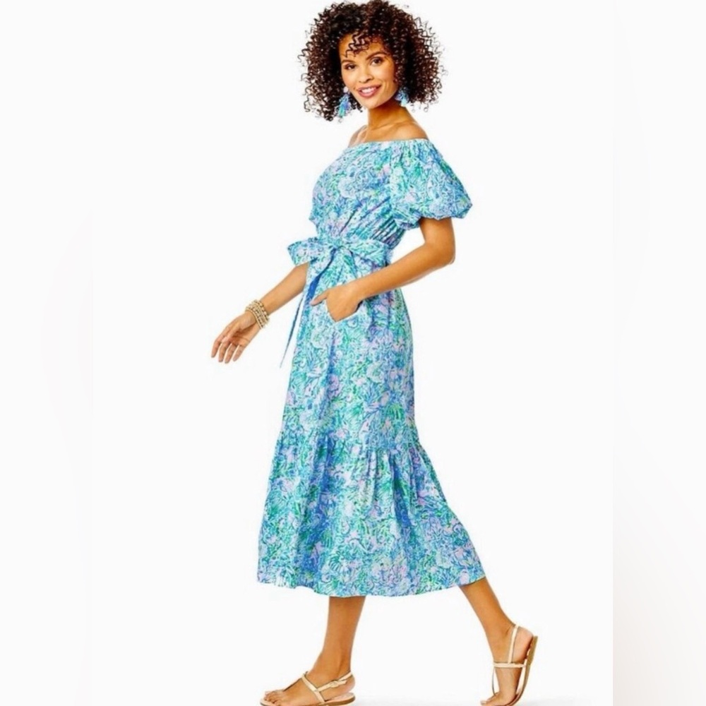 Lilly Pulitzer The Tami Blue Floral Off The Shoulder MIDI Dress Small